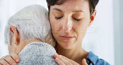 Buy stock photo Sad, empathy and woman hugging senior mother in retirement home for grief, support or loss. Crying, love and female person embracing elderly mom for comfort, care and emotions in nursing facility.