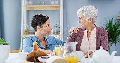 Buy stock photo Food, senior woman and caregiver with talking in retirement for healthcare support, advice and breakfast conversation. Care, assisted living and elderly person in home with helping hand and wellness