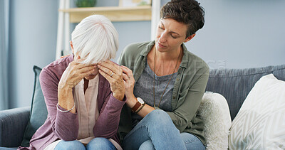 Buy stock photo Support, sofa and woman with senior mother for grief, loss or emotions with care and empathy. Comfort, hug and female person helping elderly mom with sadness, memory or alzheimers in retirement home.