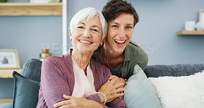 Buy stock photo Happy, portrait and woman hug senior mother on sofa for bonding, connection and family time. Smile, love and female person embrace elderly mom with care in living room for visit at retirement home.