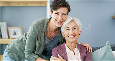 Buy stock photo Hug, portrait and woman with senior mother on sofa for bonding, connection and family time. Happy, love and female person embrace elderly mom with care in living room for visit at retirement home