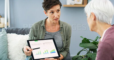 Buy stock photo Senior woman, tablet and financial advisor in home with charts, discussion and planning for retirement income. People, touchscreen and graphs for investment, growth or profit for pension in house