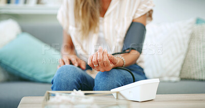 Buy stock photo Woman, arm strap or blood pressure machine with results for health exam, test or diagnosis at home. Closeup, hands or digital meter with reading for medical care, heart rate or hypertension at house