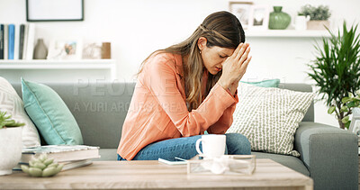 Buy stock photo Home, crying and woman with heartbreak, breakup and emotional for divorce in lounge and mental health. Depressed, overwhelmed and thinking of stigma for failed marriage, house and person with stress