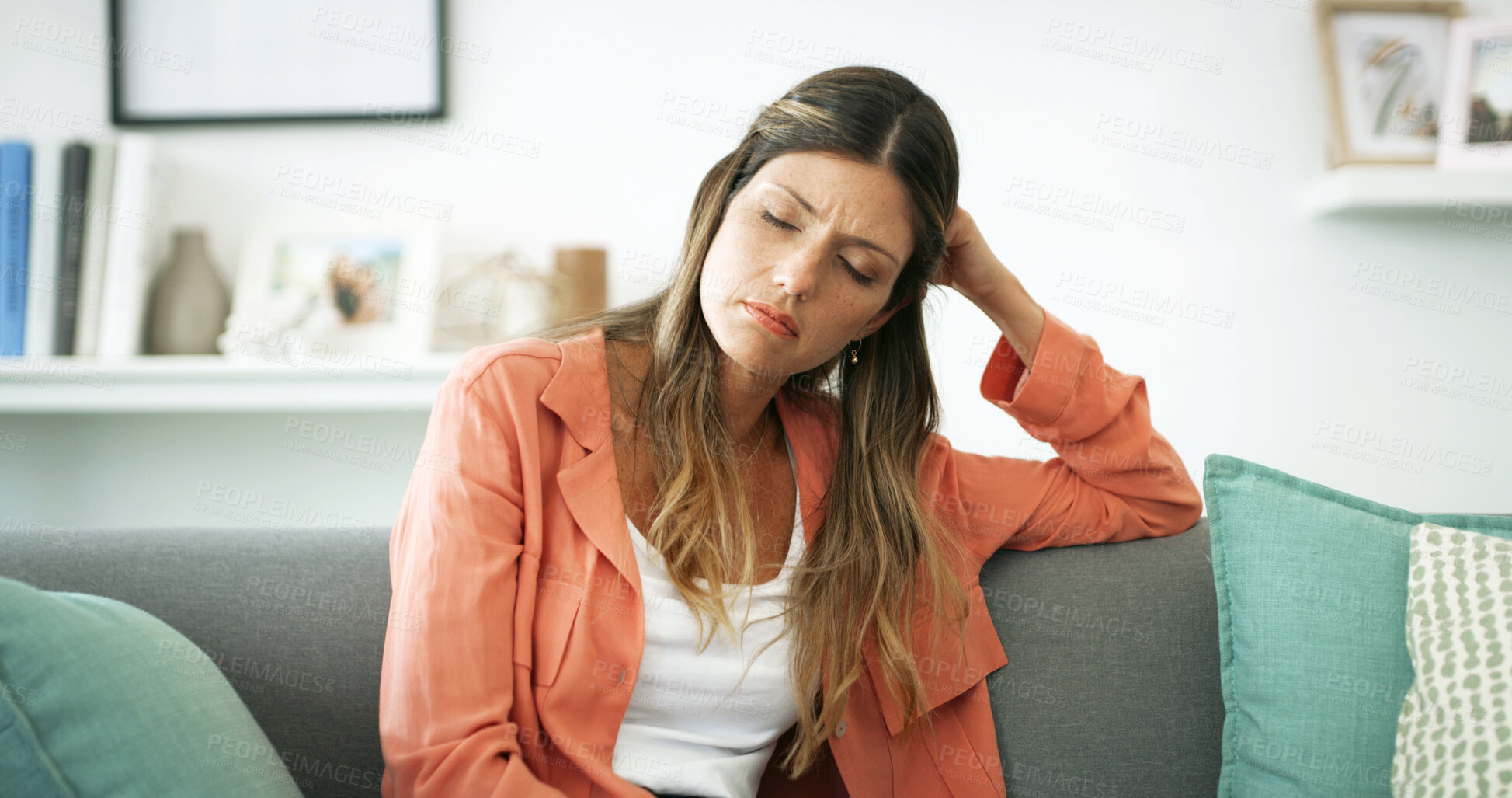 Buy stock photo Frustrated woman, burnout and sofa with stress for anxiety, depression or loneliness at home. Tired, female person or widow with pain, grief or emotion for mistake, financial crisis or debt at house