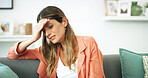 Home, crying and woman with heartbreak, sad and emotional for breakup in living room and mental health. Depressed, overwhelmed and thinking of stigma for failed marriage, lounge or person with stress