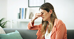 Home, crying and woman with sadness, anxious and emotional for breakup, heartbreak and living room. Depressed, overwhelmed and thinking of stigma for failed marriage, lounge and person with stress