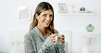 Smile, coffee and portrait of woman in home on weekend, break or holiday in morning with relax. Happy, cappuccino and female person from New York with warm beverage in living room at apartment.
