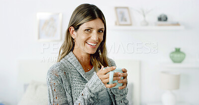 Buy stock photo Smile, coffee and portrait of woman in home on weekend, break or holiday in morning with relax. Happy, cappuccino and female person from New York with warm beverage in living room at apartment.