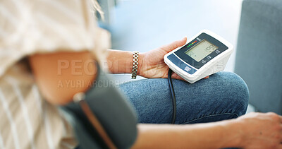 Buy stock photo Person, measure or blood pressure machine with results for health exam, test or diagnosis at home. Closeup, hands or digital meter with arm strap for medical care, heart rate or hypertension at house