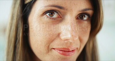 Buy stock photo Skincare, natural beauty and portrait of woman with glow, dermatology and shine at home. Face, cosmetics and person with confidence for skin texture, closeup and facial treatment for freckles