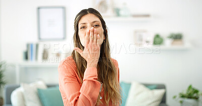 Buy stock photo Woman, portrait and blowing with kiss for love, affection or romantic gesture at home. Face, female person or expression with emotion, feeling or distance for care, support or friendly mood at house