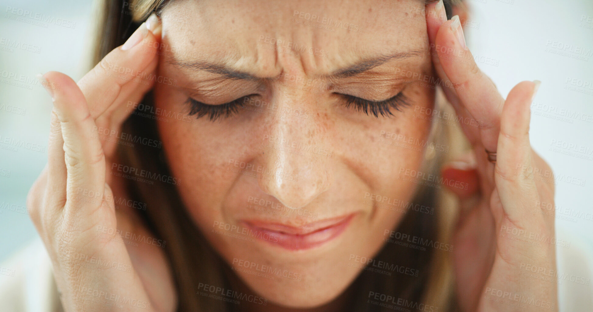Buy stock photo Woman, frustrated and stressed with headache, migraine or anxiety with massaging temple in living room. Tension, mental health and wellness discomfort, crisis and worried female person with burnout
