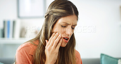 Buy stock photo Woman, pain and infection with tooth ache for dental issue, oral or gum disease at home. Female person, teeth decay or sore jaw with discomfort or gingivitis for mouth cavity or swollen abscess