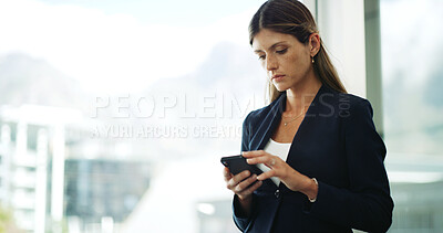 Buy stock photo Search, phone and reading with business woman in office for real estate broker, property listing and communication. Sale commission report, contact and client project with person in realtor agency