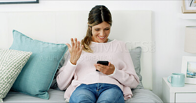 Buy stock photo Woman, phone and texting with surprise on sofa, chat and check notification in living room at in home. Person, happy and shock with smartphone, mobile app and gossip on social network at apartment