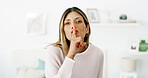 Portrait, woman and shush for secret at house for gossip, whisper rumor and privacy sign for drama. Female person, silence gesture for confidential, mystery revelation and quiet icon with sneaky news
