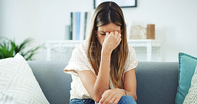 Buy stock photo Home, stress and woman with heartbreak, sad and emotional for breakup in living room or mental health. Depressed, overwhelmed and thinking of stigma for failed marriage, lounge or person with anxiety