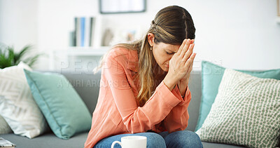 Buy stock photo Home, stress and woman with depression, divorce and praying for mistake in living room, breakup and sad. Heartbreak, thinking and asking for forgiveness from God, regret or person with faith in house