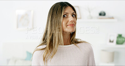 Buy stock photo Portrait, woman and shocked for gossip at house for good news, rumor and secret announcement. Female person, wow and information with drama alert, confidential and curious for interesting revelation 