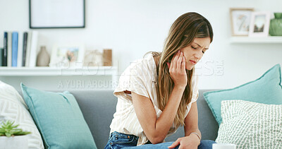 Buy stock photo Sick woman, pain and sofa with tooth ache for gum disease, dental issue or jaw infection at home. Female person, decay or sore teeth in discomfort for sensitive mouth, oral illness or swollen abscess