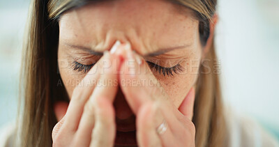Buy stock photo Home, crying and woman with heartbreak, depressed and sad for breakup in living room and mental health. House, overwhelmed and thinking of stigma for failed marriage, emotional and person with stress