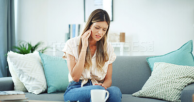 Buy stock photo Frustrated woman, pain and sofa with tooth ache for dental issue, jaw infection or gum disease at home. Female person, decay or sore teeth in discomfort for mouth cavity, illness or swollen abscess