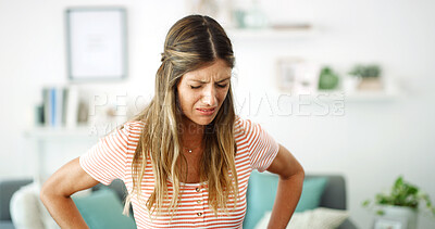 Buy stock photo Crying, emotional and woman with stress, house and thinking of sad memories in living room and lonely. Home, anxious and person with depression in lounge, unhappy or overwhelmed by grief in apartment