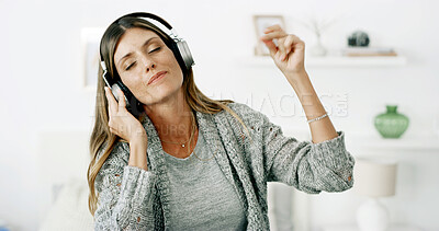 Buy stock photo Music, woman and dancing with headphones in home for audio playlist, album track and streaming radio. Dancer, person and happy for listening to podcast, sound subscription and entertainment in lounge