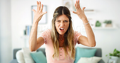 Buy stock photo Woman, angry and stressed with portrait, frustrated or annoyed with confused expression in living room. Conflict, argument and discomfort, crisis or worried female person disagreement in lounge