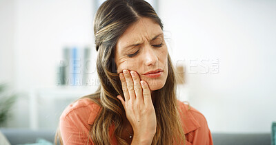 Buy stock photo Woman, mouth and pain with toothache at house from dental cavity, tooth extraction and gum infection. Female person, discomfort and decay with gingivitis, root canal injury  and treatment for filling