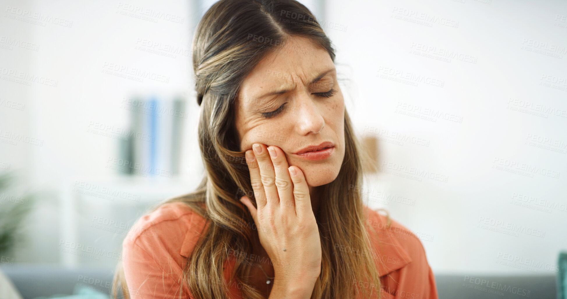 Buy stock photo Woman, mouth and pain with toothache at house from dental cavity, tooth extraction and gum infection. Female person, discomfort and decay with gingivitis, root canal injury  and treatment for filling