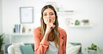 Portrait, woman and shush for secret at home for gossip, whisper rumor and privacy sign for drama. Female person, silence gesture for confidential, mystery revelation and quiet icon with sneaky news