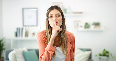 Buy stock photo Portrait, woman and shush for secret in home for gossip, whisper rumor and privacy sign for drama. Female person, silence gesture for confidential, mystery revelation and quiet icon with sneaky news