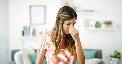 Buy stock photo Bad smell, face and woman with nose pinch in living room for disgust, reaction and gas disapproval. Trash fragrance, frustrated and lady with expression for foul perfume, body odor or scent crisis