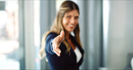 Happy, business woman and meeting with handshake for greeting, partnership or interview at office. Portrait, female person or recruiter shaking hands with smile or gesture for introduction or hiring