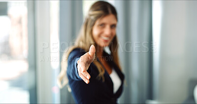Buy stock photo Offer, business woman and meeting with handshake for greeting, partnership or interview at office. Portrait, female person or recruiter shaking hands with smile or gesture for introduction or hiring