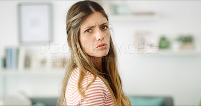 Buy stock photo Angry, cross and portrait of woman in home living room for disappointment, frustration or attitude. Annoyed, conflict and frown of unhappy female person in apartment for tantrum, emotions or stress
