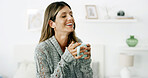 Laughing, coffee and woman in home on weekend, break or holiday in morning with mindfulness. Happy, cappuccino and female person from New York with warm beverage in living room at apartment.