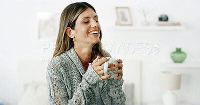 Buy stock photo Laughing, coffee and woman in home on weekend, break or holiday in morning with mindfulness. Happy, cappuccino and female person from New York with warm beverage in living room at apartment.