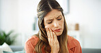 Woman, sore mouth and toothache at house from dental cavity, tooth extraction and gum infection. Female person, discomfort and oral decay with gingivitis, root canal injury  and treatment for filling