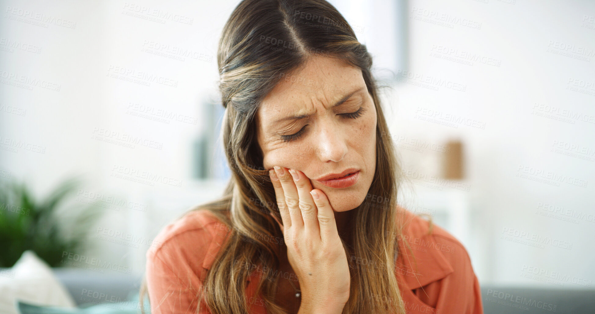 Buy stock photo Woman, sore mouth and toothache at house from dental cavity, tooth extraction and gum infection. Female person, discomfort and oral decay with gingivitis, root canal injury  and treatment for filling