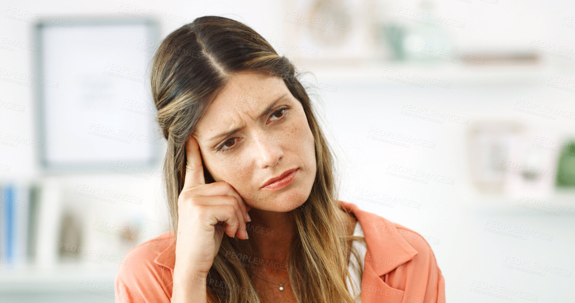 Buy stock photo Woman, thinking and confused with decision in home, frustrated and anxiety for future in morning. Person, reflection and insight with perspective for choice, regret or mistake with memory at house