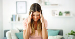 Home, thinking and woman with headache, stress and pressure for increase of rent, pain and tension. House, anxious and person with migraine in living room, strain and worried for financial insecurity