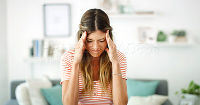 Buy stock photo Home, thinking and woman with headache, stress and pressure for increase of rent, pain and tension. House, anxious and person with migraine in living room, strain and worried for financial insecurity