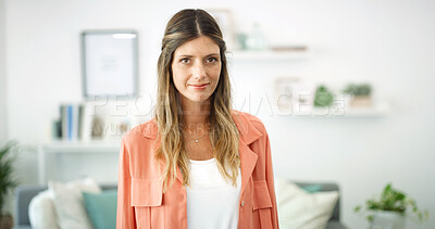 Buy stock photo Woman, portrait and smile in home, living room and pride for confidence with casual clothes in morning. Person, face and happy in lounge, weekend and break at modern apartment in New Zealand