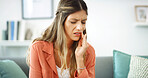 Business, woman and pain from toothache at house with cavity, dental problem and gum infection. Female person, discomfort and touch cheek with gingivitis, root canal injury and tooth decay in lounge