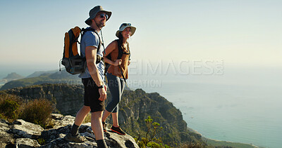 Buy stock photo Couple, hiking and view with people on mountain, travel and adventure backpacking in nature. Summit, support and space, woman and man outdoor for trekking and tourism with sightseeing in Thailand
