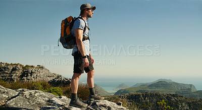 Buy stock photo Hiking, fitness and thinking with man in nature for cliff, travel adventure and health. Space, reflection and vacation with person outdoor view on mountain for trekking holiday, explore and peace