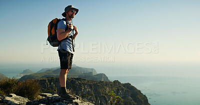 Buy stock photo Hiking, cliff and thinking with man in nature for fitness, travel adventure and vacation. Space, reflection and health with person outdoor view on mountain for trekking holiday, explore and peace